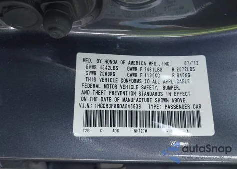 2013 Honda Accord Ex-L V-6 z USA, uszkodzony, nr VIN 1HGCR3F86DA045639